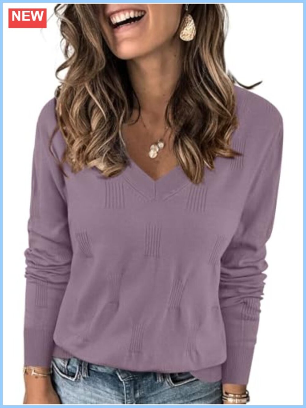 Women V Neck Long Sleeve Soft Knit Pullover Sweater Casual Top